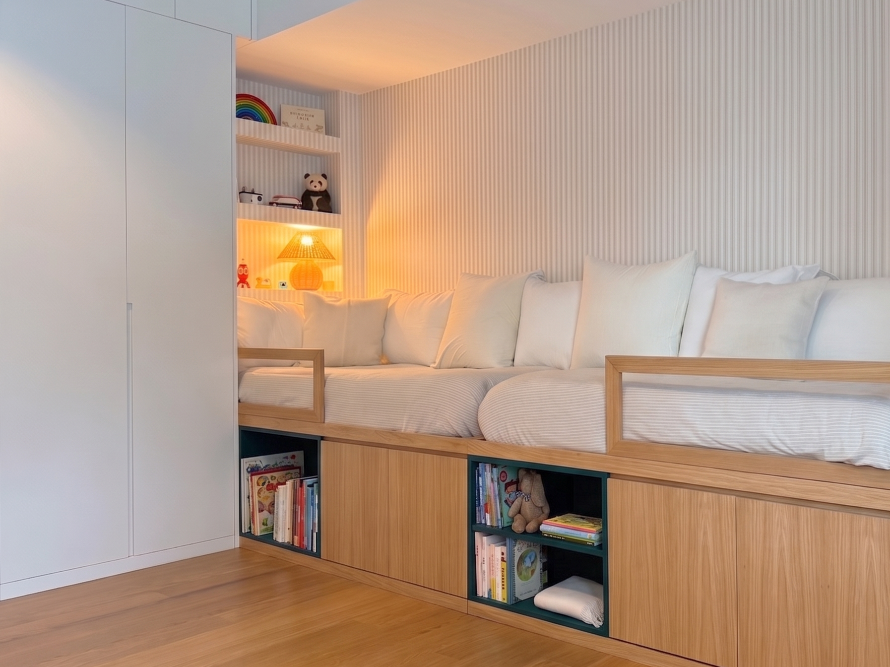 Beautifully designed children's bedroom with natural materials and soft sage tones